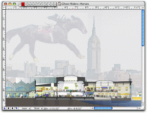 GHOST RIDERS IN THE SKY Overlay multiple transparent images. In this case, the horse and the Manhattan skyline are photographs with the opacity set to 25% to desaturate the images. Image credit: A section study by Julia Miner and Phil Loheed, who can't be blamed for the horse.
